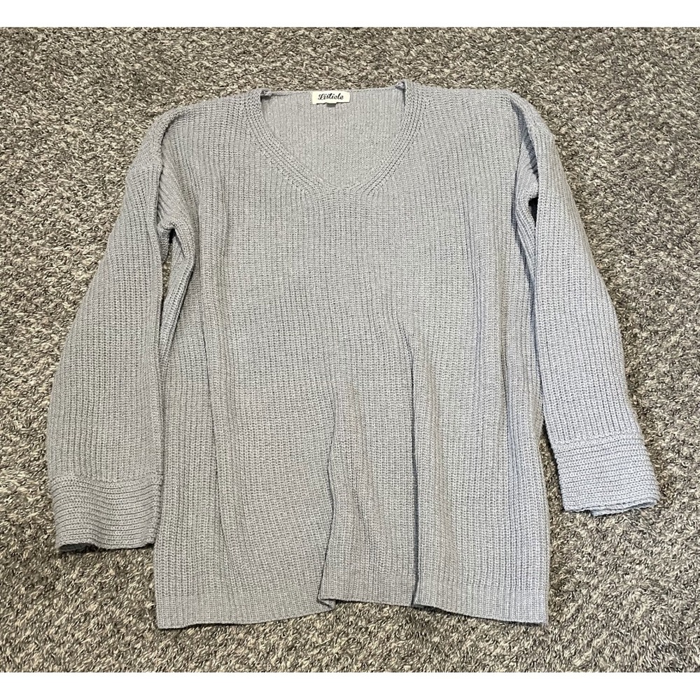 Listicle Womens V-Neck Shaker Knit Sweater Light Blue Relaxed Fit Size Large